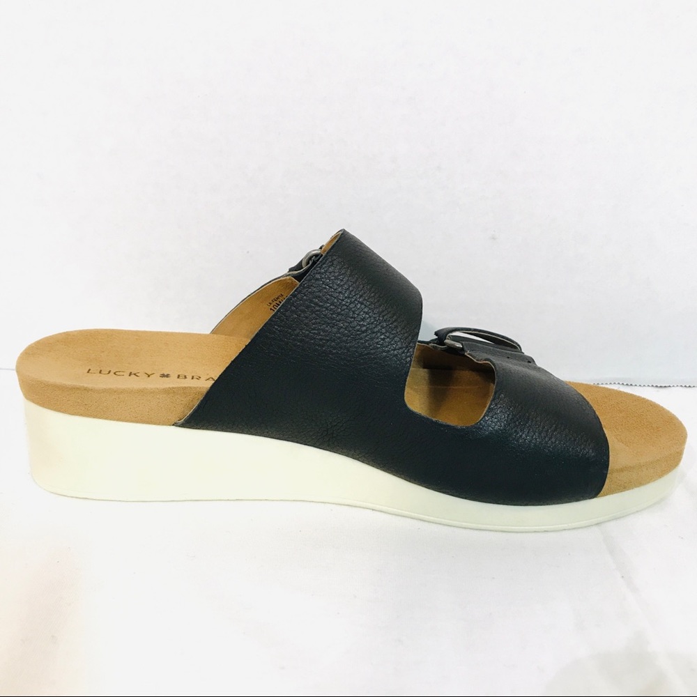 Lucky Brand Feniya Black & Tan Wedge Slide Sandals